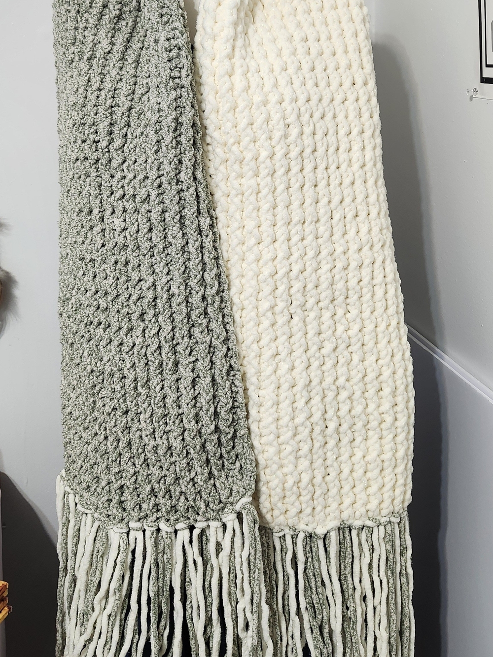 Chunky Knit Two-Tone Fringe Scarf in Sage Green and Cream - Picture 3 of 3